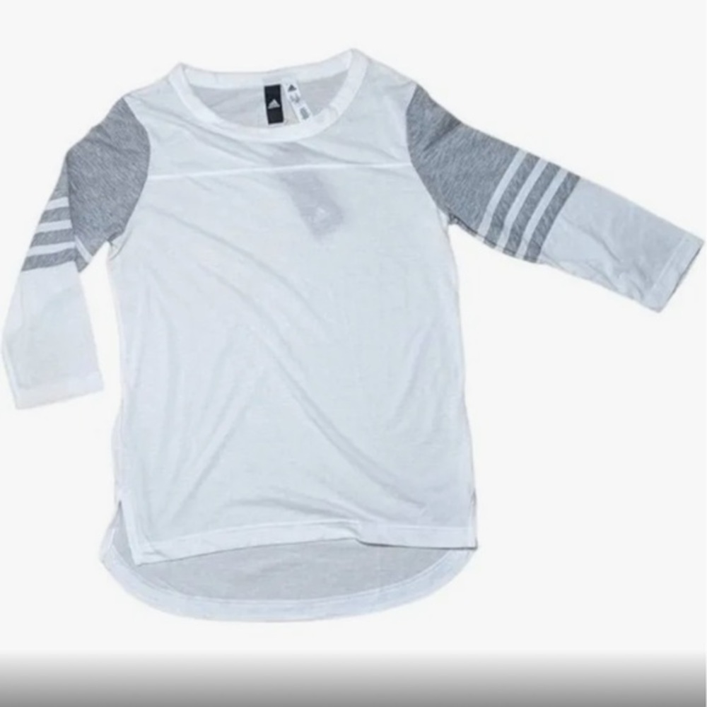 Adidas sz L white & grey round neckline 3/4 sleeve pullover stretch knit jersey